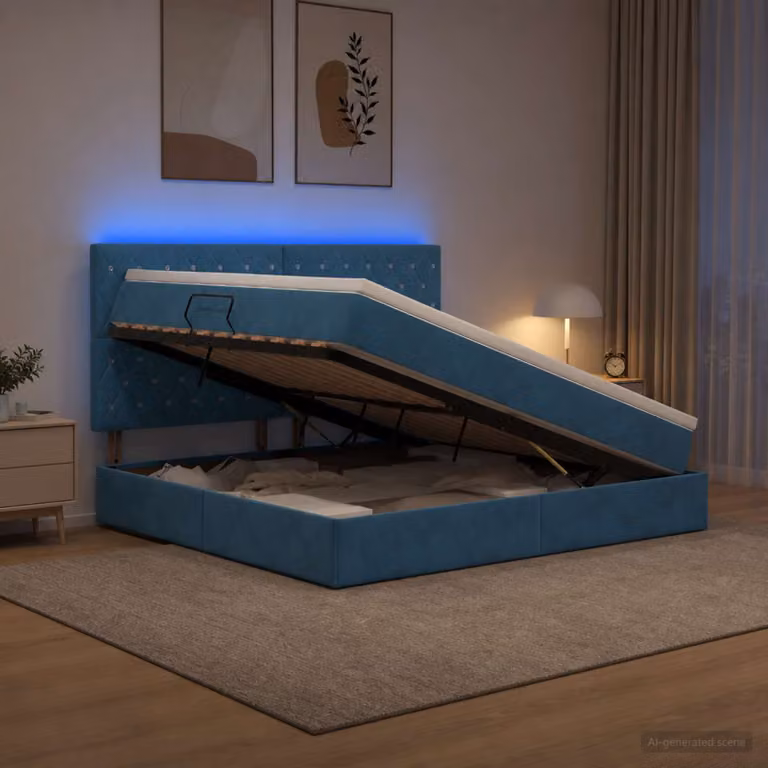 Letto con contenitore e illuminazione LED vidaXL in velluto blu con materasso L: 140 cm, P: 200 cm, H: 128 cm
