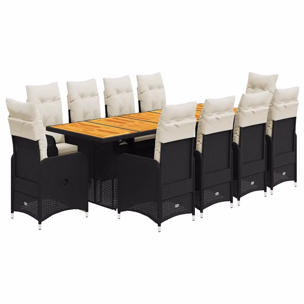 Set da Bistrò da Giardino vidaXL in Polyrattan e Legno di Acacia Nero e Bianco con 11 Pezzi e Cuscini – 2
