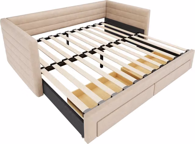 Divano Letto Imbottito 3-in-1 90x190 cm in Cotone e Lino con Cassetti, Trasformabile in Letto Singolo o Matrimoniale Beige