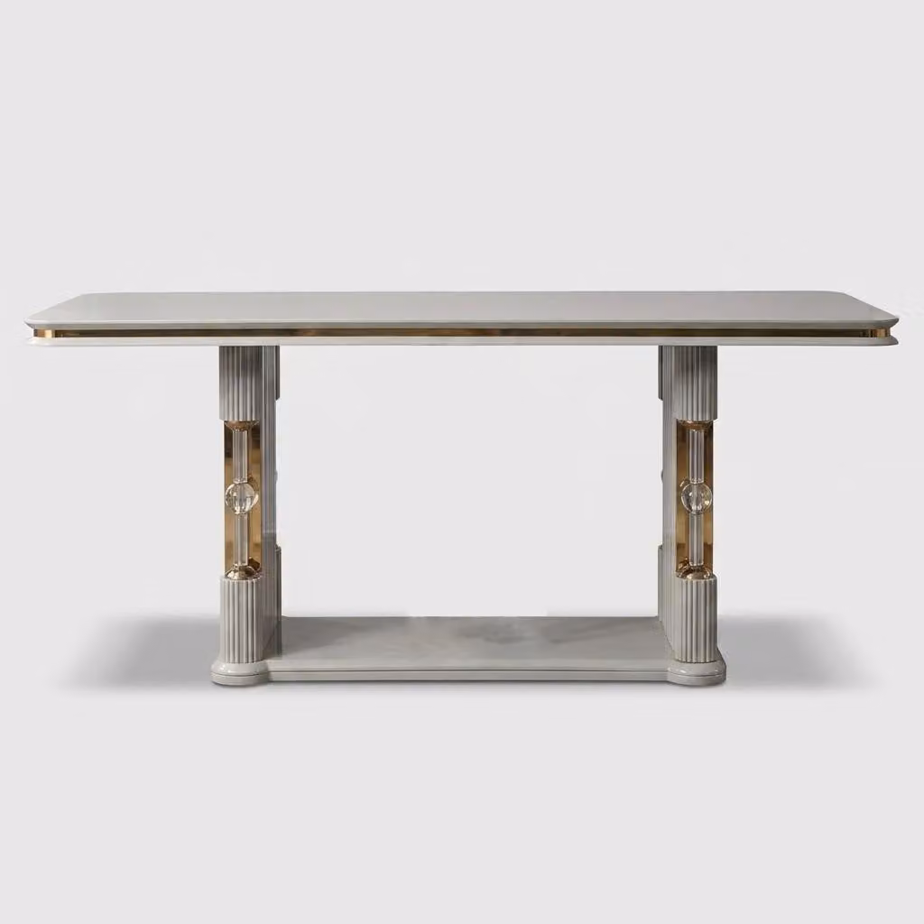 Tavolo da pranzo per soggiorno, design moderno, nuovo, confortevole, grigio, con dettagli dorati, elegante e di tendenza
