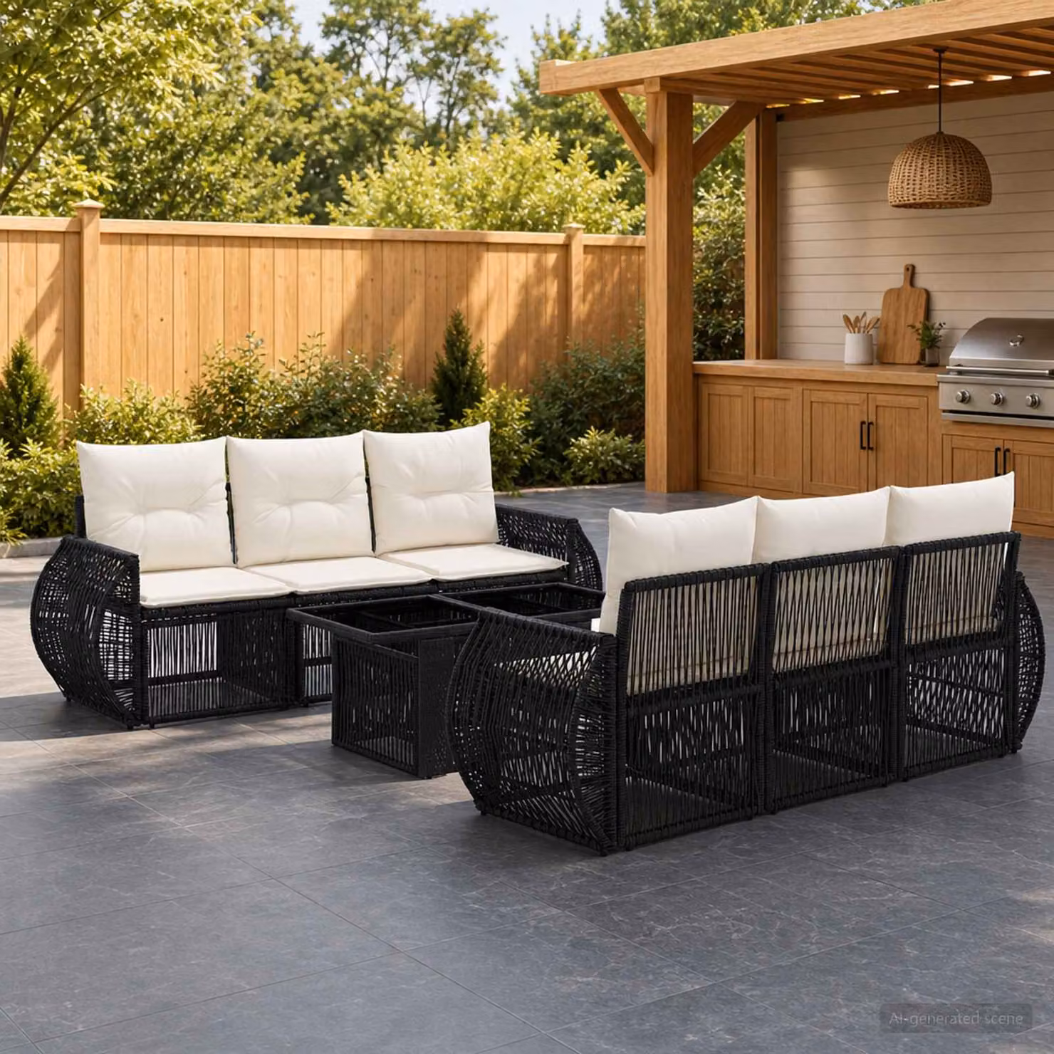 Set Divano da Giardino vidaXL 7 Pezzi in Polyrattan Nero e Bianco Crema con Cuscini e Tavolino da Esterno