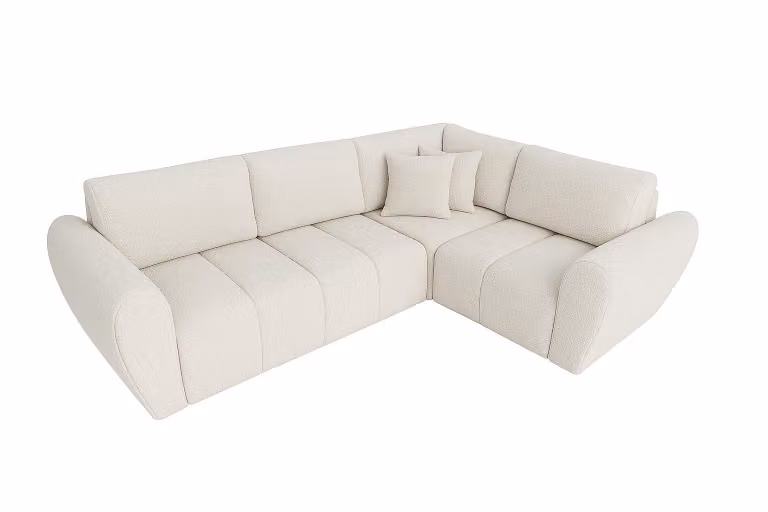 Divano angolare Sofello, lussuoso, con meccanismo letto e contenitore, 240x180 cm – Divano moderno in tessuto bouclé color crema, divano letto con spazio contenitivo