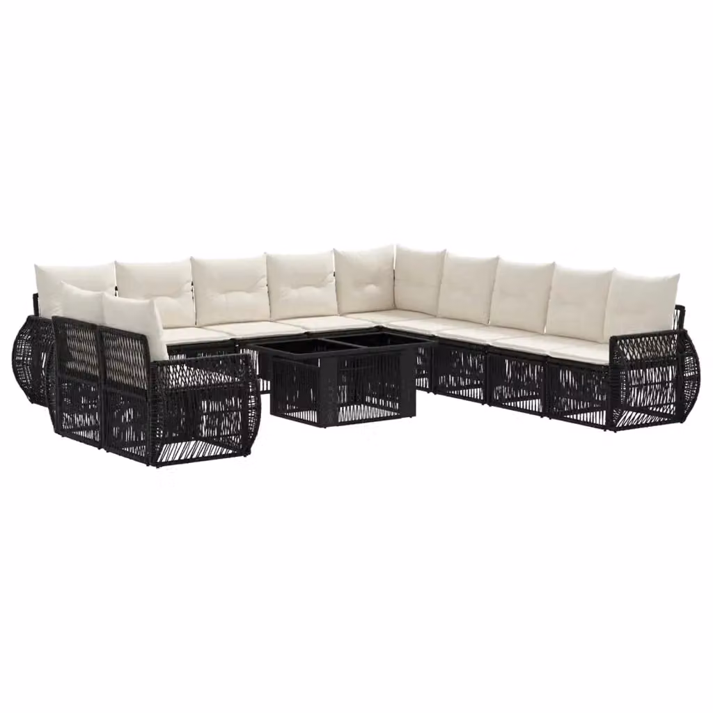 Set Divano da Giardino vidaXL a forma a U in Polyrattan con Tavolino da Caffè, 12 Pezzi, Nero e Bianco Crema – 2