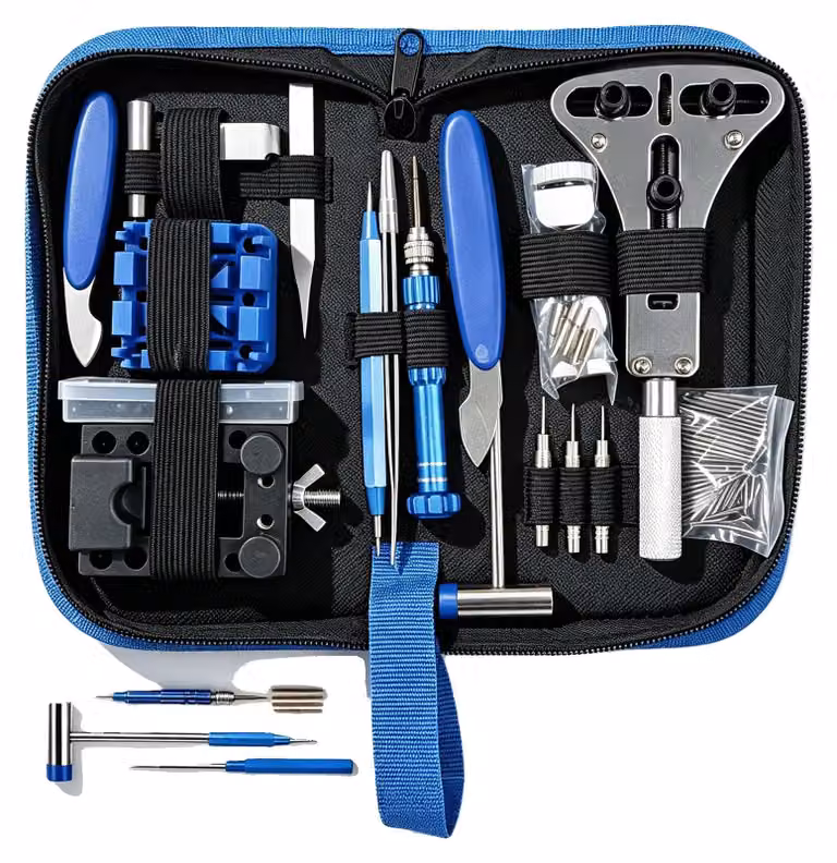 Set di strumenti per la riparazione di orologi, 185 pezzi, materiali metallici e in plastica, lunghezza 20 cm, larghezza 10 cm, peso 650 g