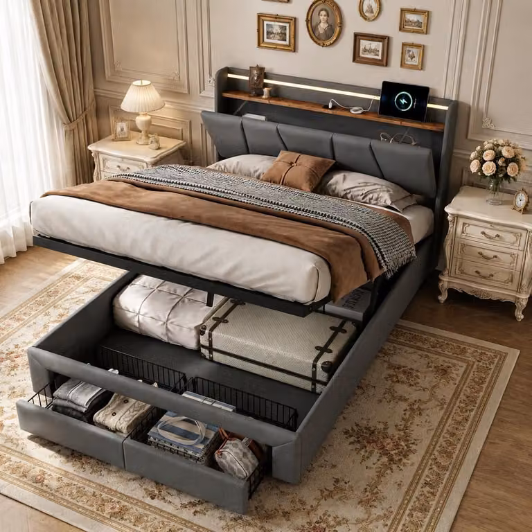 Letto matrimoniale con boxspring INONEFT, 140x190 cm, con sistema di sollevamento idraulico e spazio contenitivo, dotato di 2 cassetti, imbottitura, illuminazione LED e prese USB, ideale per ragazzi, rivestito in lino, colore grigio scuro