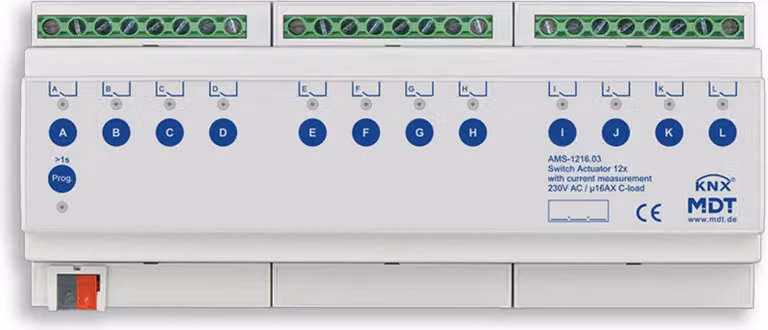 Attuatore di commutazione MDT a 12 canali, 12TE, REG, 16 A, 230 V CA, carico C con misurazione della corrente, 1 pz.