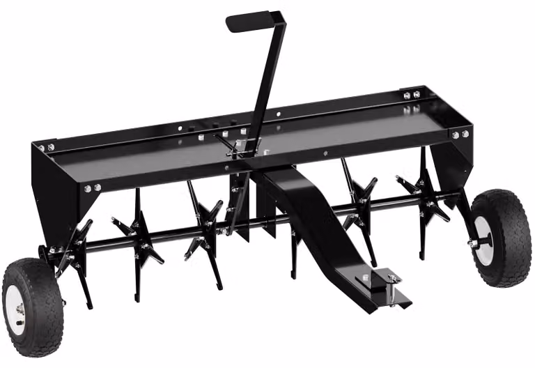 Arieggiatore per tosaerba semovente, larghezza di lavoro 102 cm, acciaio verniciato a polvere, colore nero, con cavo