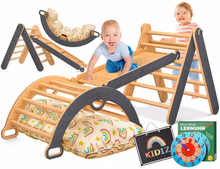 KIDIZ®: Struttura da gioco Montessori 7in1, set completo con struttura per arrampicata, scivolo, triangolo da arrampicata in legno, inclusi cuscini, lavagna e orologio educativo. Area giochi indoor per bambini piccoli dai 1 ai 3 anni