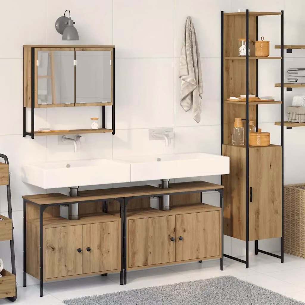 Set di mobili da bagno moderno vidaXL in legno e metallo color rovere e nero, composto da armadietto con specchio, mobile lavabo e colonna alta