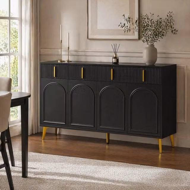 Credenza con 4 ante e 4 cassetti ripiani regolabili in MDF nero con dettagli dorati per soggiorno 140 × 38 × 82 cm