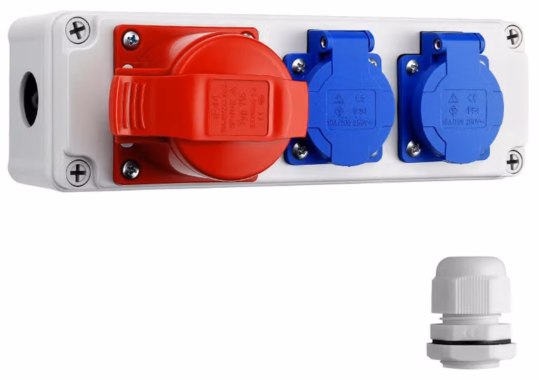 Distributore di corrente da 16 A/32 A per uso esterno, grado di protezione IP65, resistente all'acqua e alla polvere