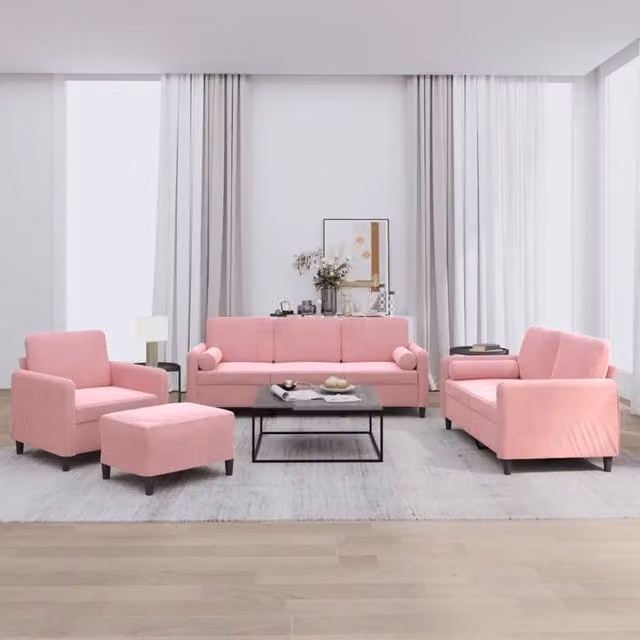 Set di divani vidaXL in velluto rosa composto da divano a 3 posti, divano a 2 posti, pouf e cuscini per soggiorno in stile moderno