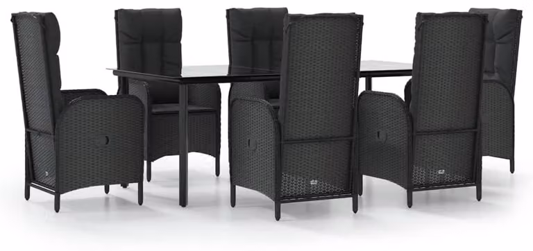 Set da giardino composto da 7 pezzi, colore nero, realizzato in rattan sintetico resistente agli agenti atmosferici, tavolo da 200 cm, con cuscini