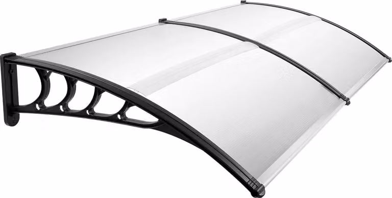Tettoia per porta - Montaggio a parete - Lastra alveolare in PC da 5 mm - Protezione UV al 95% - Ignifuga classe B1 - Portata 15 kg/m² - Curvata - Trasparente/Nera