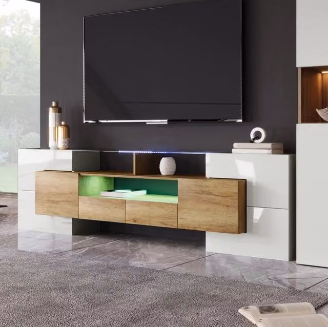 Mobile TV moderno 200 cm; bianco lucido e naturale; in MDF con illuminazione LED