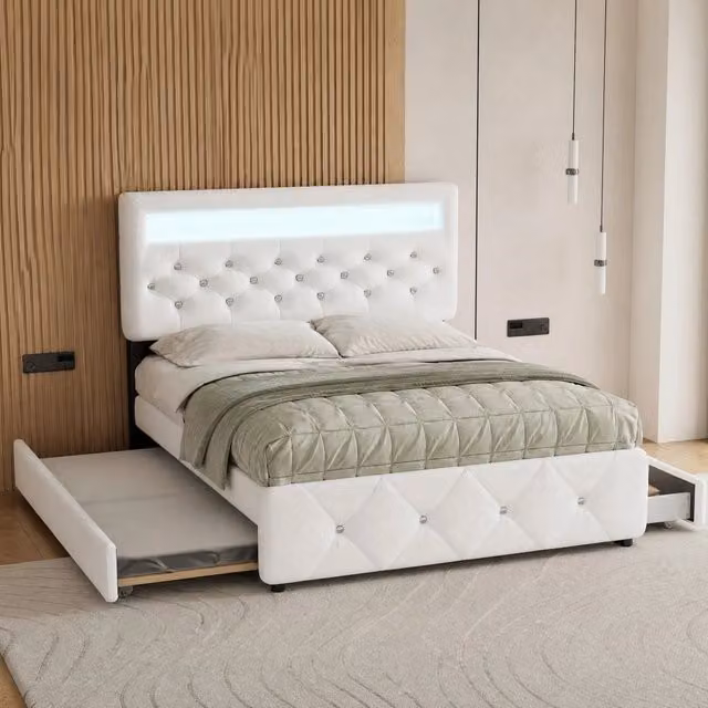 Letto imbottito REDOM bianco con cassetti e illuminazione sottostante L/P/H: 140 x 200 x 115 cm
