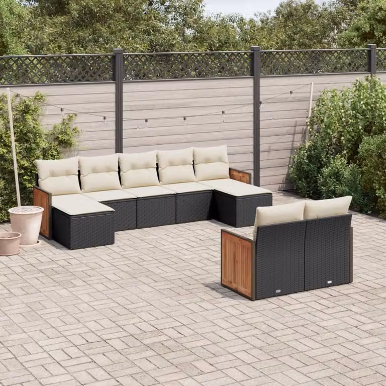 vidaXL Set Divani da Giardino 9 pz in Polyrattan Nero con Cuscini e Struttura in Legno di Acacia