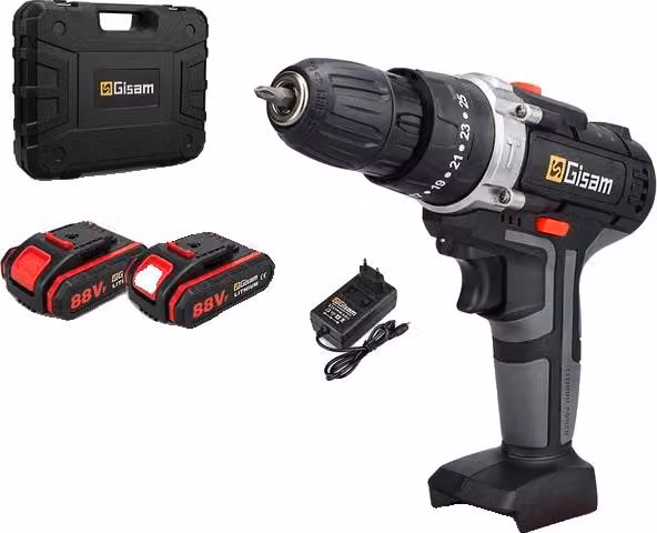 Trapano a batteria, coppia 25+3, batteria ricaricabile agli ioni di litio, confezione in plastica da 2 batterie