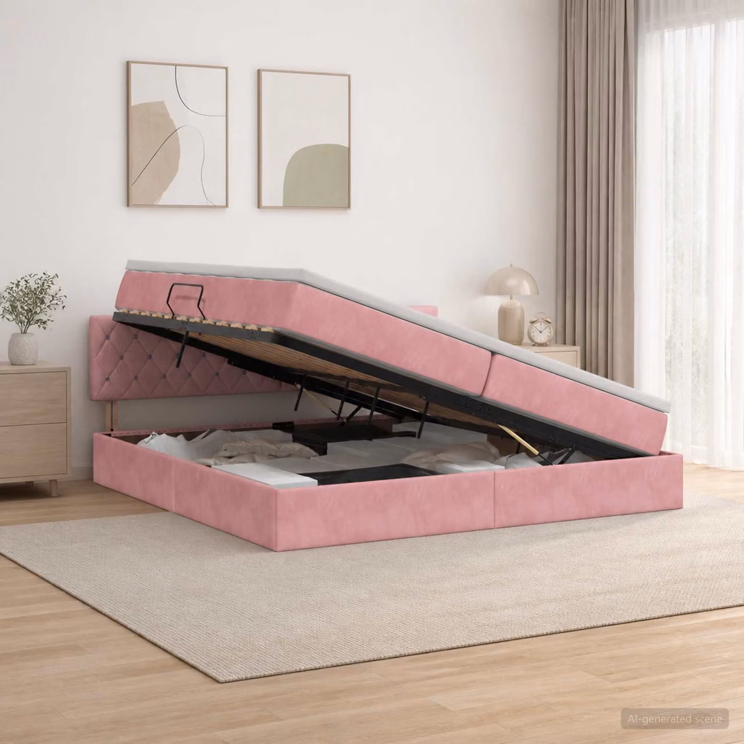Letto con contenitore e testiera vidaXL in velluto rosa, L/P/H: 200 x 200 x 88 cm