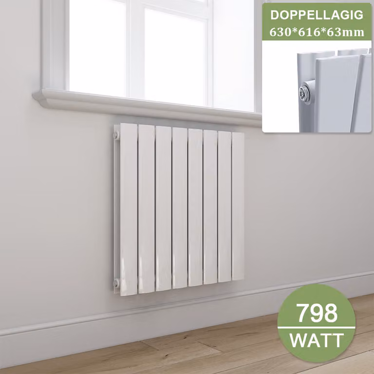 RISCALDATORE DA PARETE Elegante, design piatto, pannello radiante orizzontale, attacco laterale, 630x616 mm, bianco, a due strati, radiatore piatto senza resistenza