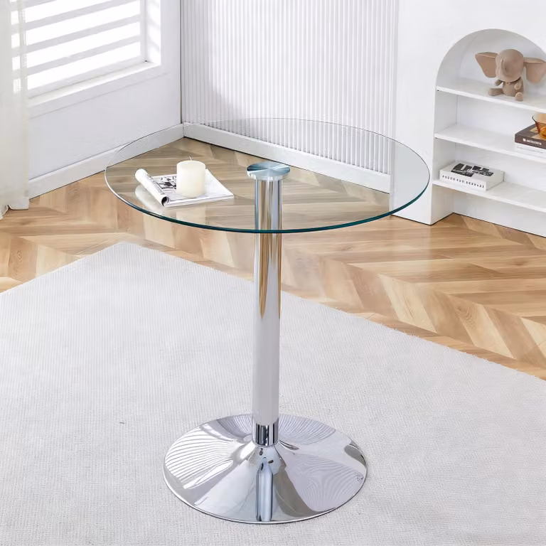 Tavolino rotondo, aspetto marmo, bordo decorativo, struttura in metallo, utilizzabile come tavolino da caffè o comodino (argento, trasparente)