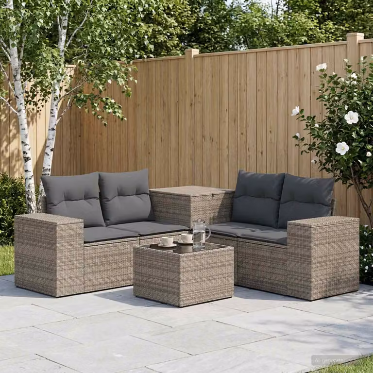 vidaXL Set di divani da giardino in polyrattan 6 pezzi con tavolino e pouf, colore grigio e antracite