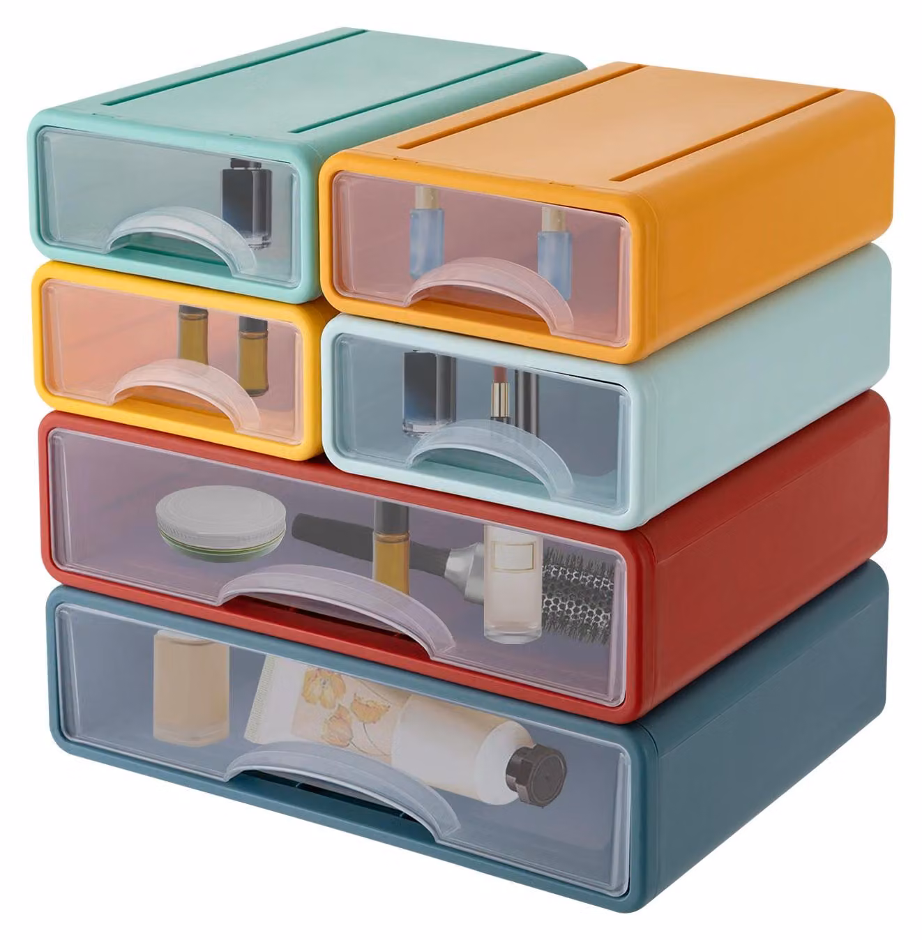 Organizzatore da scrivania con 6 cassetti - Impilabile - Realizzato in plastica PP trasparente - Chiusura a scatto - Dimensioni: 34 x 24,9 x 33 cm - Peso: 2 kg per cassetto