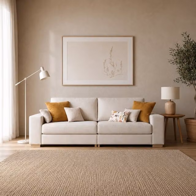 Divano 4 posti Shane Banak beige in tessuto con cuscini inclusi e coperture rimovibili