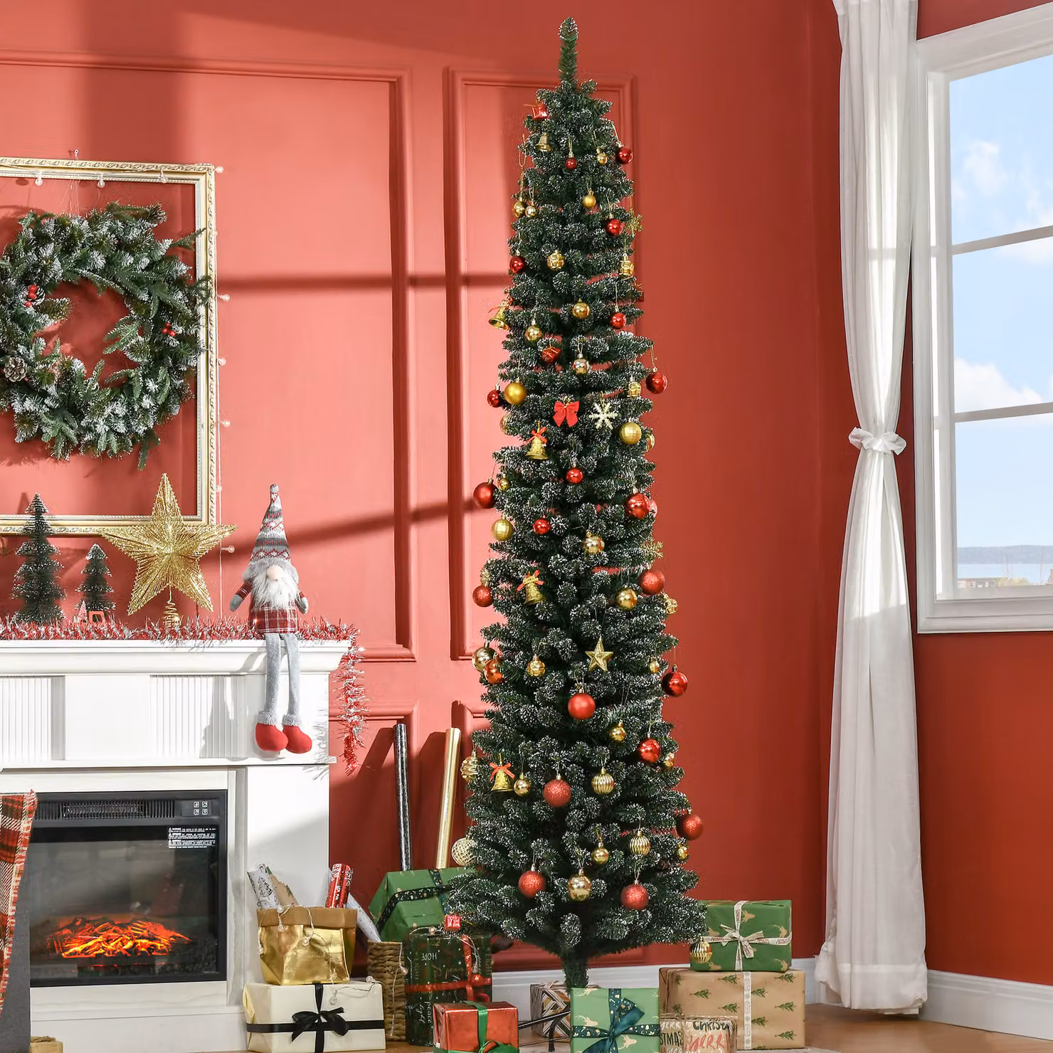 Albero di Natale Innevato Slim HOMCOM con 624 Rami, Pieghevole e Base Rimovibile, Verde, Ø 56 x H 225 cm – 2