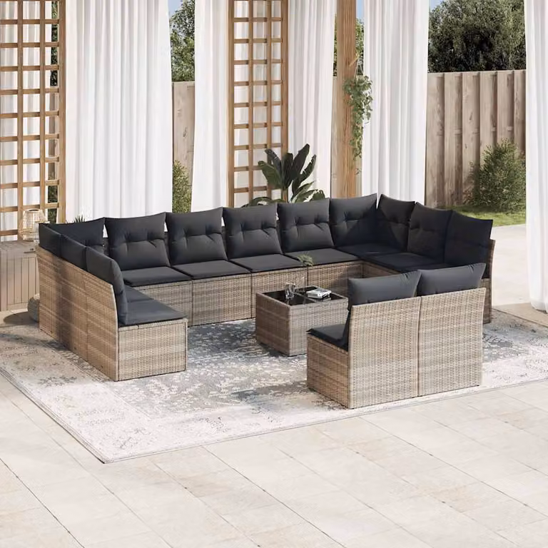 vidaXL Set Divani da Giardino a Forma di U composto da 13 Pezzi con Cuscini e Tavolino in Polyrattan Grigio Chiaro