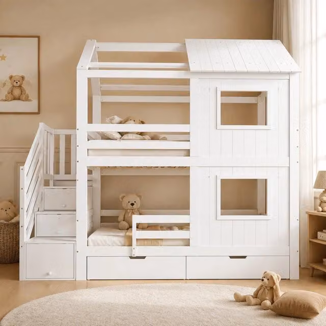 Letto a castello ULEVR 90x200 cm con scala contenitore, cassetto su ruote, finestre e tetto, bianco