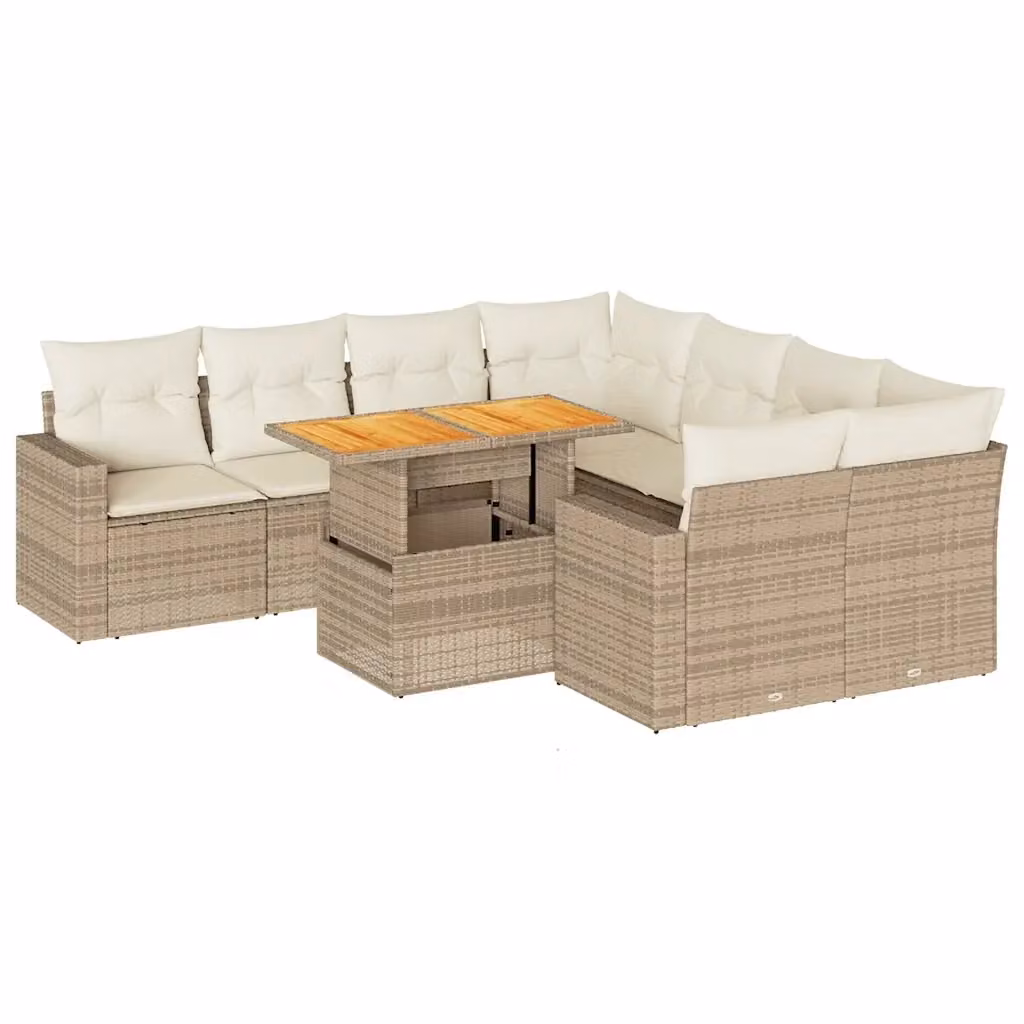 Set Divano da Giardino 9 pz vidaXL in Polyrattan e Legno di Acacia Oliato con Cuscini Beige e Bianchi – 2