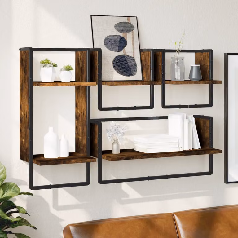 Set di 4 mensole da parete vidaXL in legno multistrato Rovere Fumo e metallo, design moderno marrone opaco