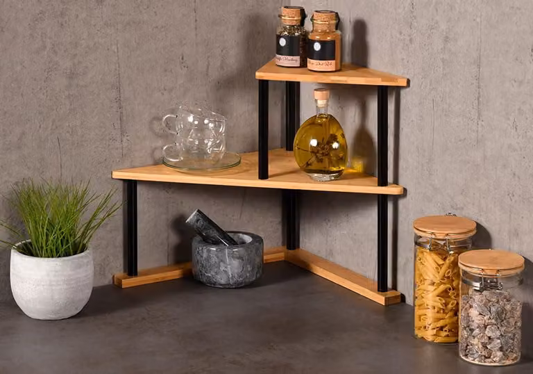 Scaffale a 2 ripiani in bambù, dimensioni: 52 cm (larghezza) x 39 cm (altezza) x 29,5 cm (profondità), colore naturale