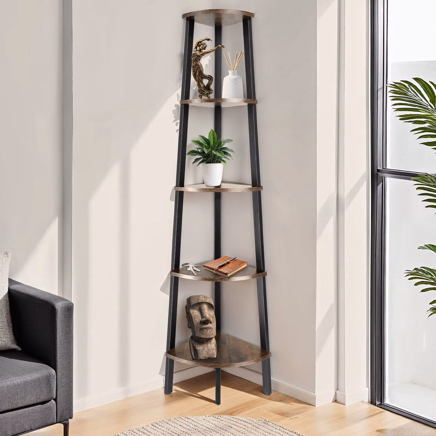Scaffale ad angolo Portland tectake in stile industriale, legno scuro e metallo, L/P/H: 34.0 x 34.0 x 158.5 cm – 2