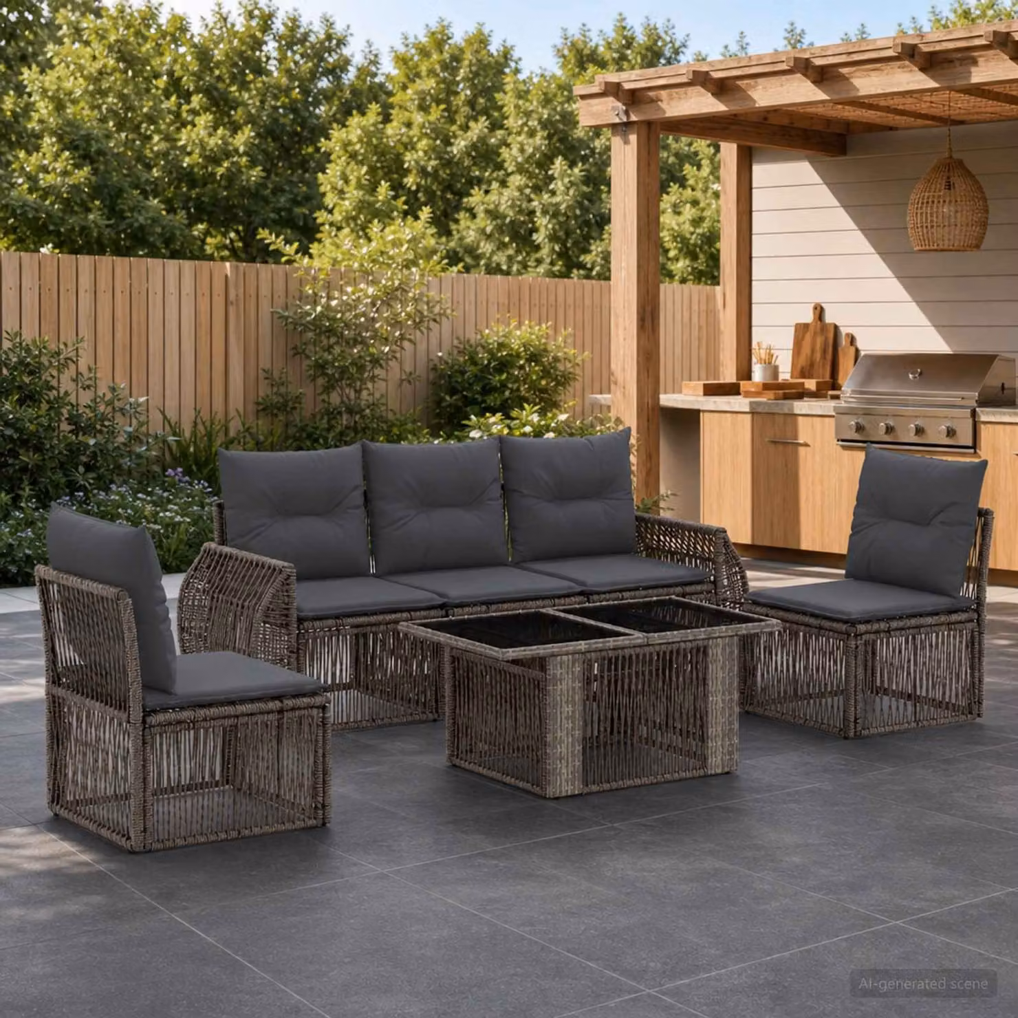 Set Divano da Giardino vidaXL 6 Pezzi in Polyrattan Grigio e Antracite con Tavolino e Cuscini Imbottiti