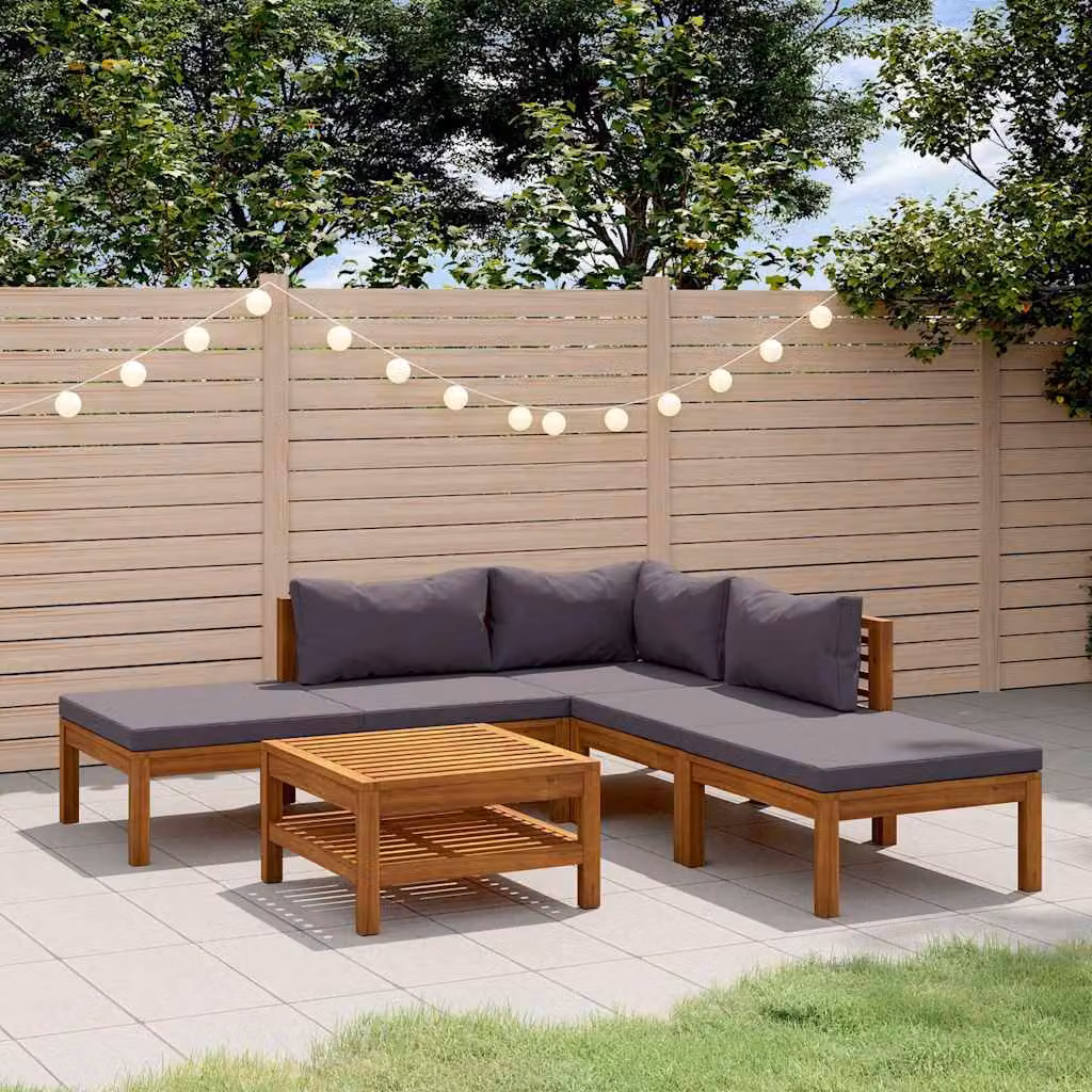 Set Divani da Giardino vidaXL 6 pz in Legno di Acacia con Cuscini Grigi e Tavolino da Esterno