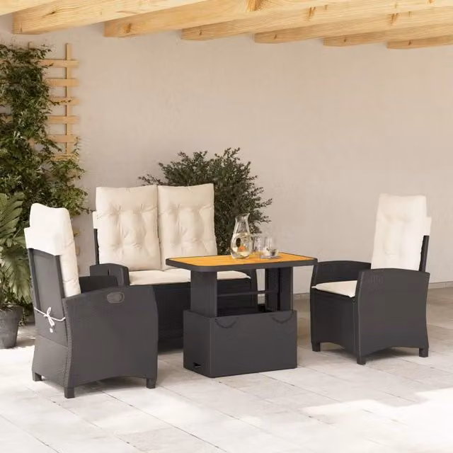 Set da Pranzo da Giardino 4 pz con Cuscini Nero in Polyrattan 3277383