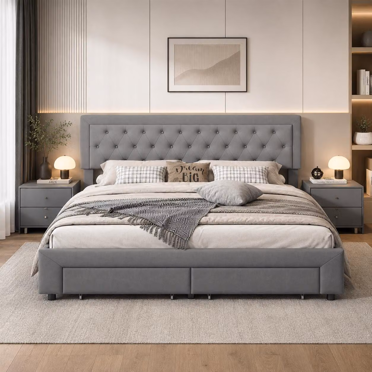 INONEFT, Letto imbottito idraulico 160x200 cm, letto matrimoniale con 2 cassetti, struttura a molle con rete a doghe, senza materasso, rivestito in velluto grigio