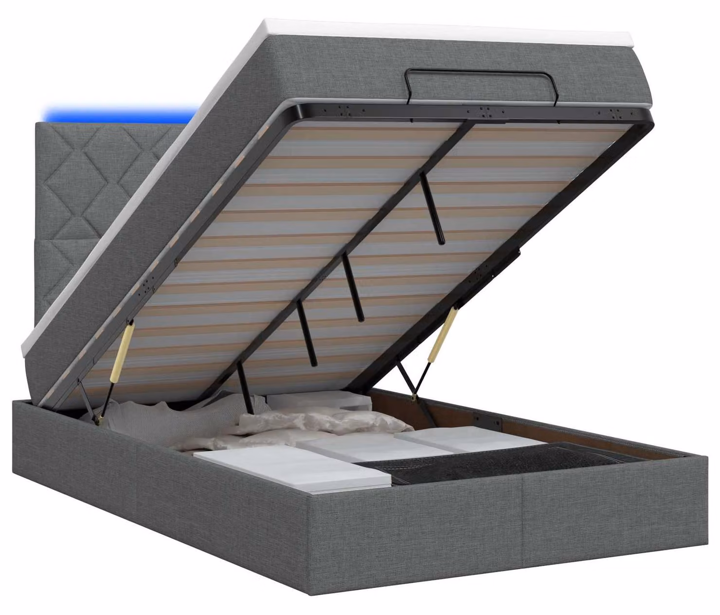 Panca contenitore con materasso e illuminazione LED, colore grigio scuro, dimensioni 120 x 200 cm, rivestita in tessuto