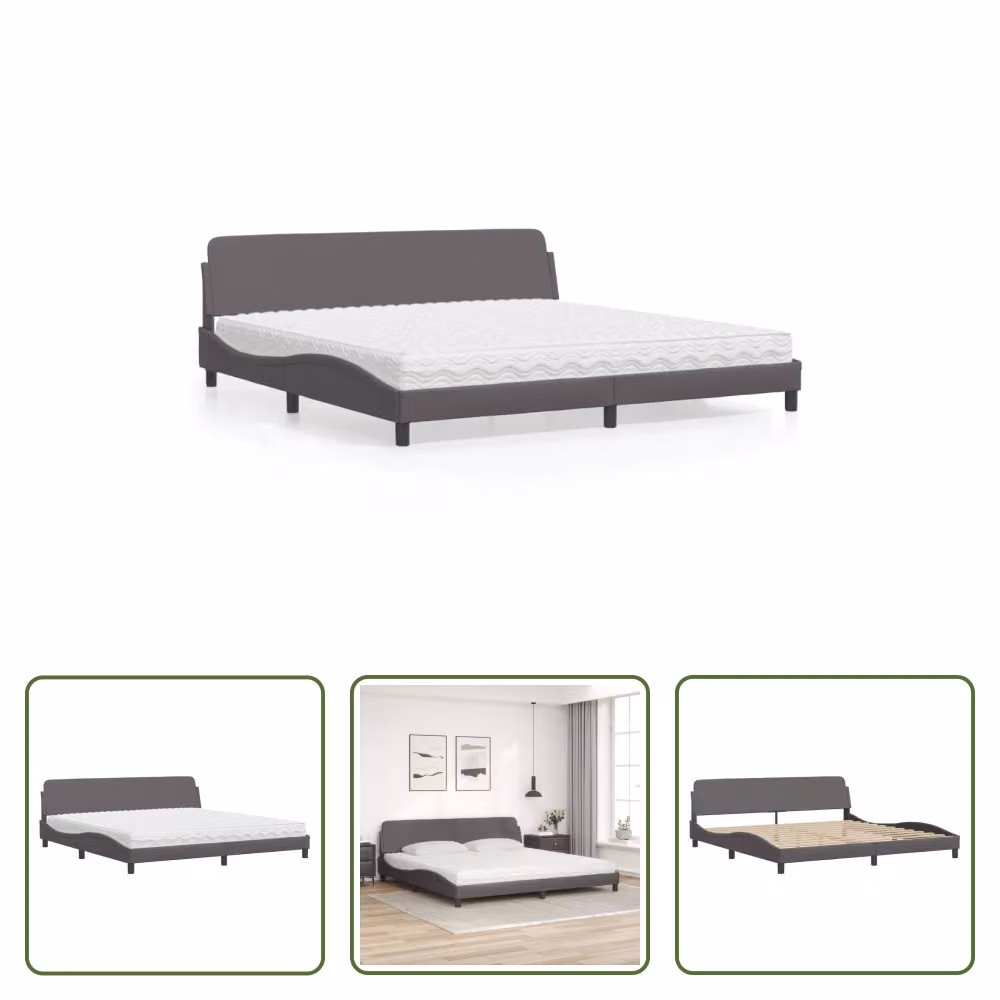 The Living Store Letto con materasso grigio 200x200 cm in ecopelle