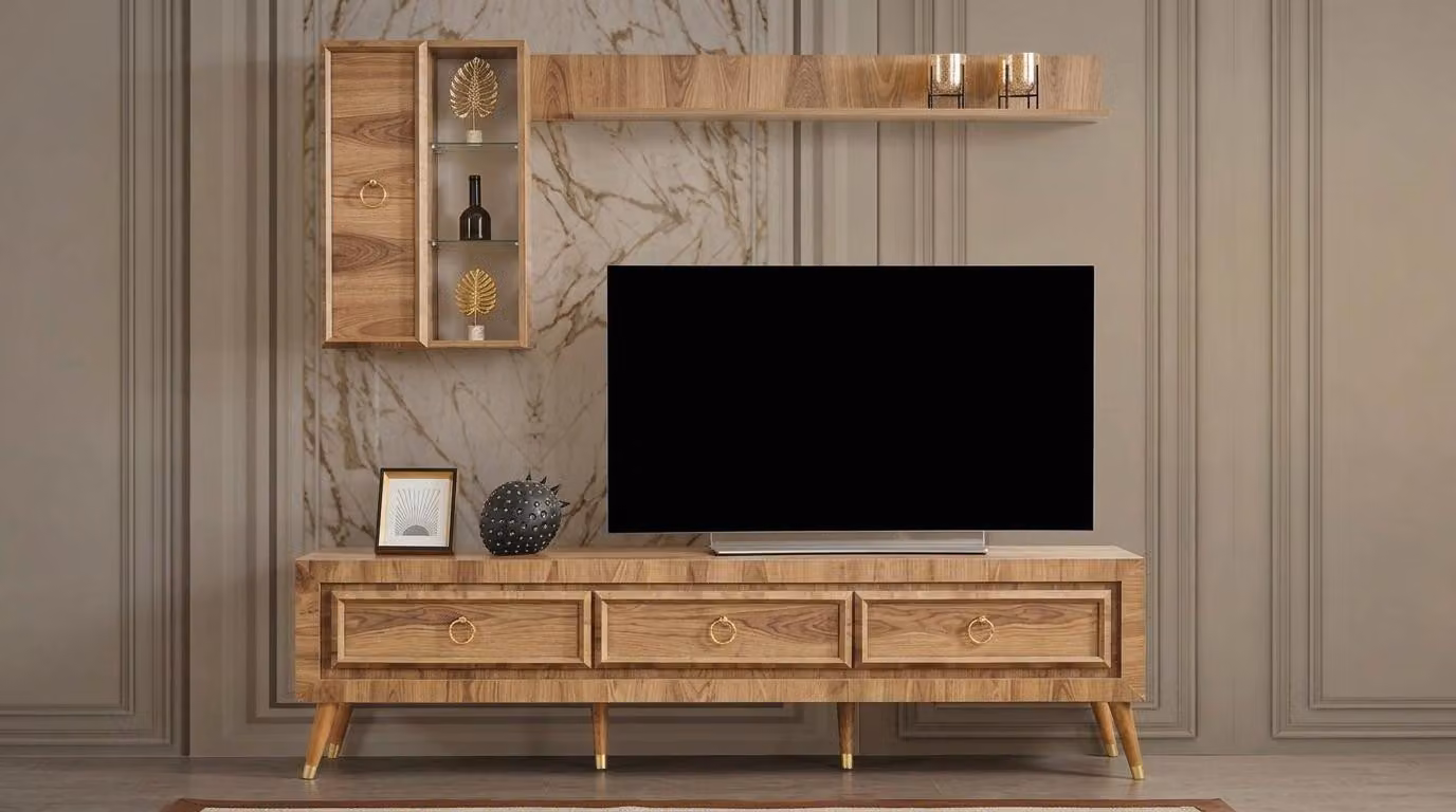Mobile TV a parete, pensile, scaffale. Stile moderno, colore marrone. Spazioso e pratico