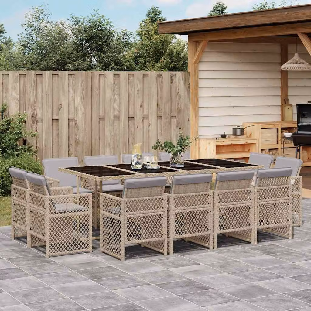 vidaXL Set Pranzo da Giardino 13 pz in Polyrattan con Cuscini Beige e Piano in Vetro – 1
