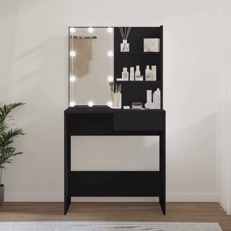 The Living Store Comodino con luci LED nero 74,5x40x141 cm