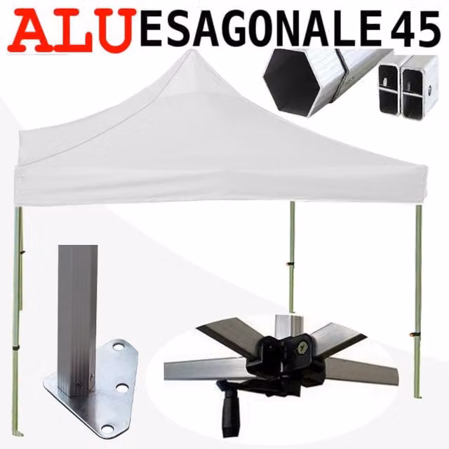 Gazebo 3x3 m bianco SENZA laterali pieghevole alluminio piantone esagonale 45mm portatile estendibile richiudibile estensibile acciaio per fiere eventi stand chiosco tenda tendone mercato mercatino
