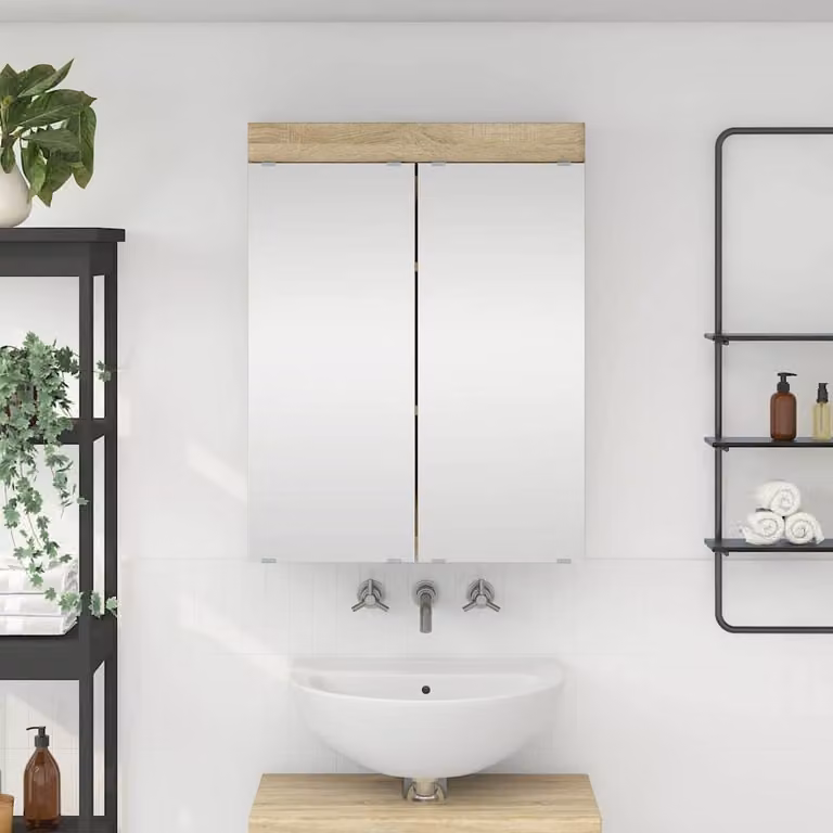 vidaXL Mobiletto per specchio da bagno TULUM Rovere Sonoma con specchio e ante a battente, sospeso, Bianco e Marrone