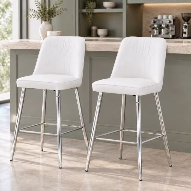 Set 2 sgabelli da bar alti 100 cm in PU bianco con struttura in metallo argento HAVRYA