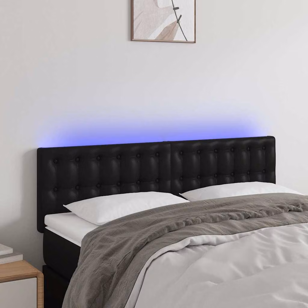 Testiera per letto vidaXL in similpelle nera con illuminazione LED e porta di ricarica USB, L 144 x P 5 x H 78/88 cm
