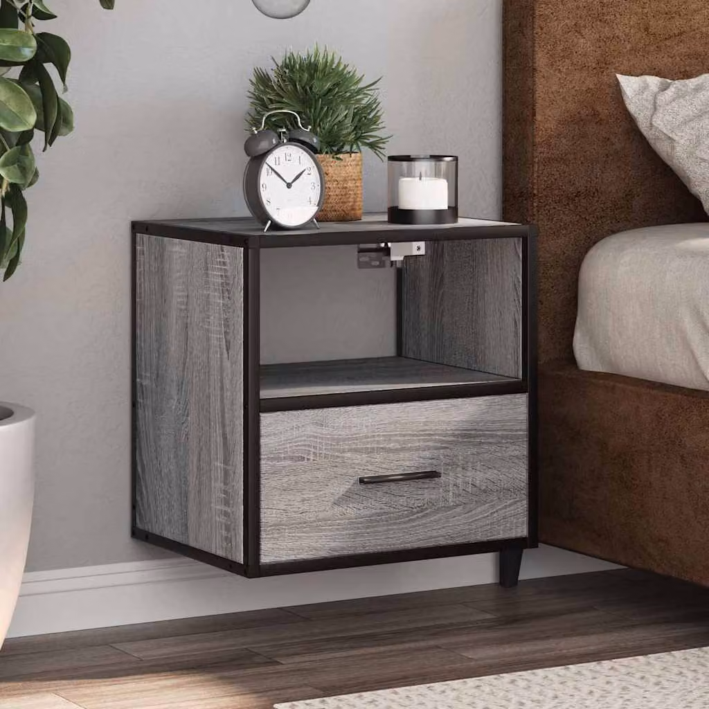 Comodino a muro vidaXL moderno in MDF e metallo, Grigio Sonoma, L 40 cm x P 31 cm x H 39,5 cm