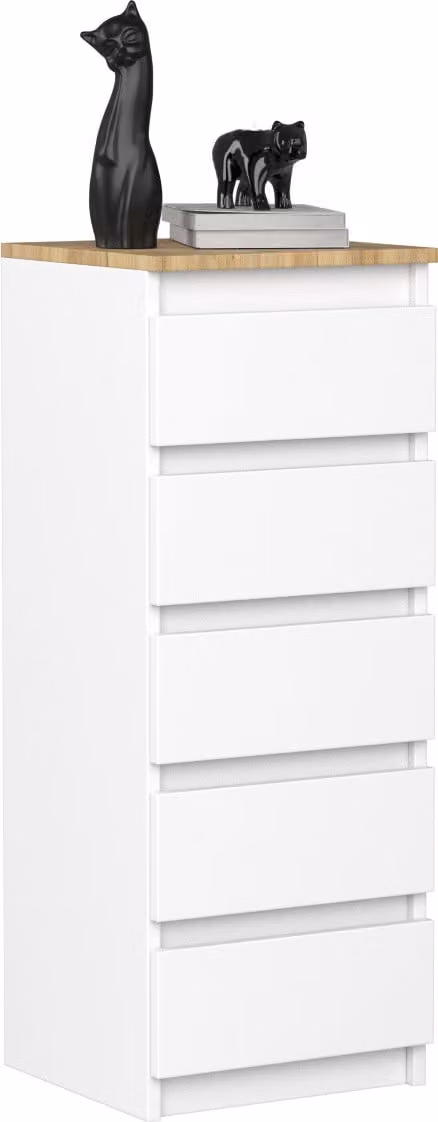 VBChome Comò con 5 cassetti 40 x 39 x 105 cm Bianco con rovere Comò senza maniglie Armadio multiuso per corridoio Camera da letto Soggiorno